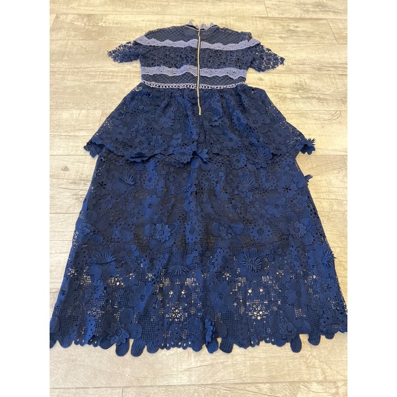 FEW MODA New York Navy Blue Lace Tiered Midi Dress Short Sleeve Mock Neck XL - Picture 7 of 11